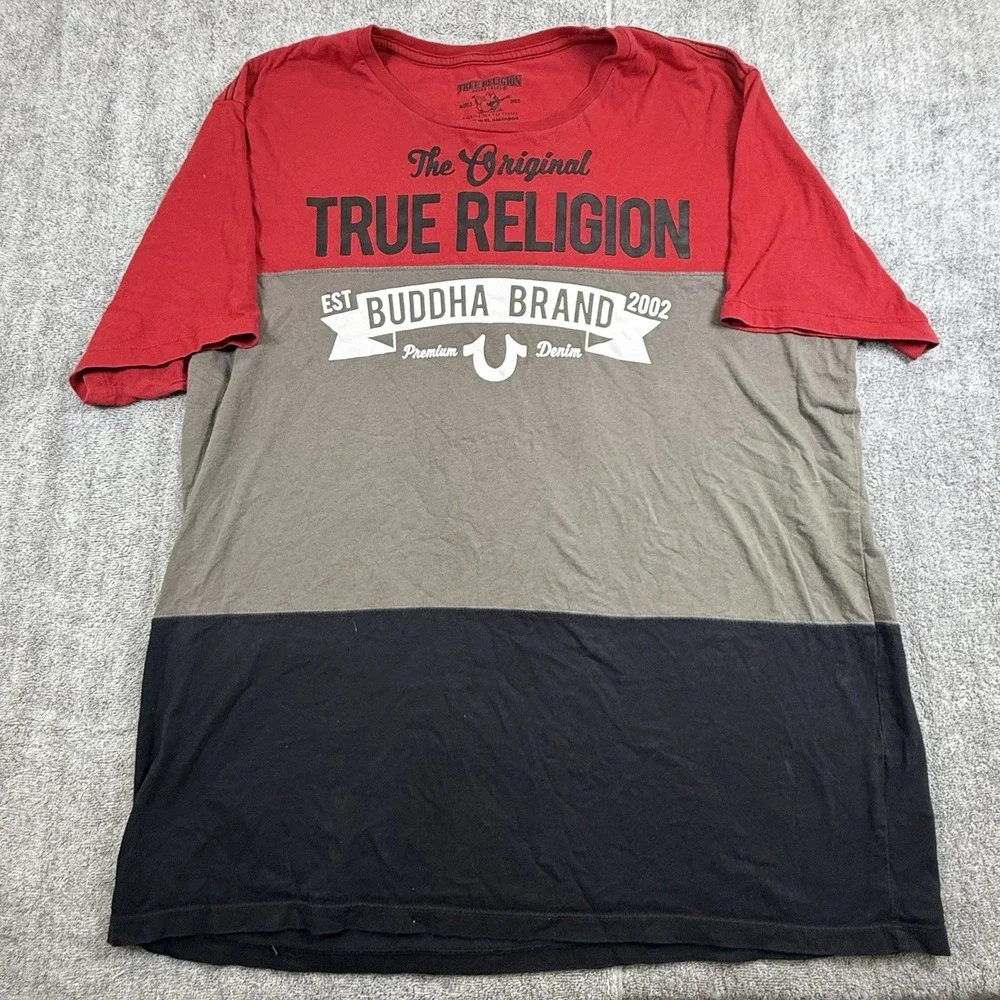 True Religion XXL Colorblock T-Shirt Red‎ Gray Black Buddha Brand Graphic Y2K